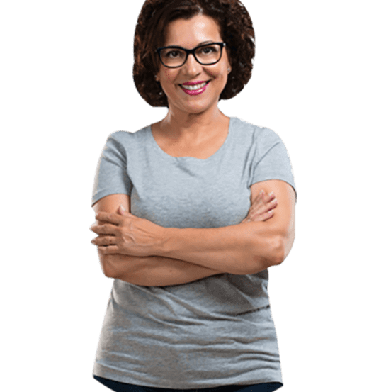 Woman in gray shirt with arms crossed.