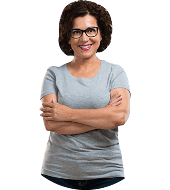 Woman in gray shirt with arms crossed.